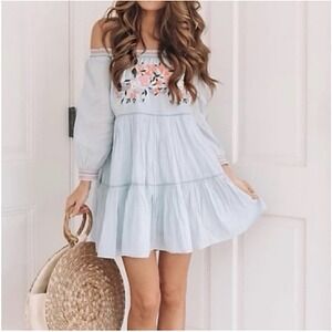 Free People Sunbeams Mini Dress Swing Off Shoulder Blue Floral Embroidered Small